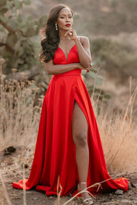 Simple V Neck Red Satin Long Prom Dresses with High Slit, V Neck Red Formal Graduation Evening Dresses EP1530