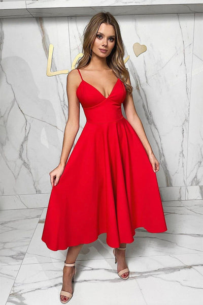 Simple V Neck Red Tea Length Prom Homecoming Dresses, Tea Length Red Formal Graduation Evening Dresses EP1886