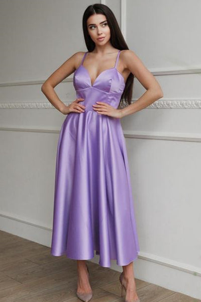 Simple V Neck Tea Length Purple Prom Homecoming Dresses, V Neck Lilac Formal Dresses, Lavender Evening Dresses EP1486