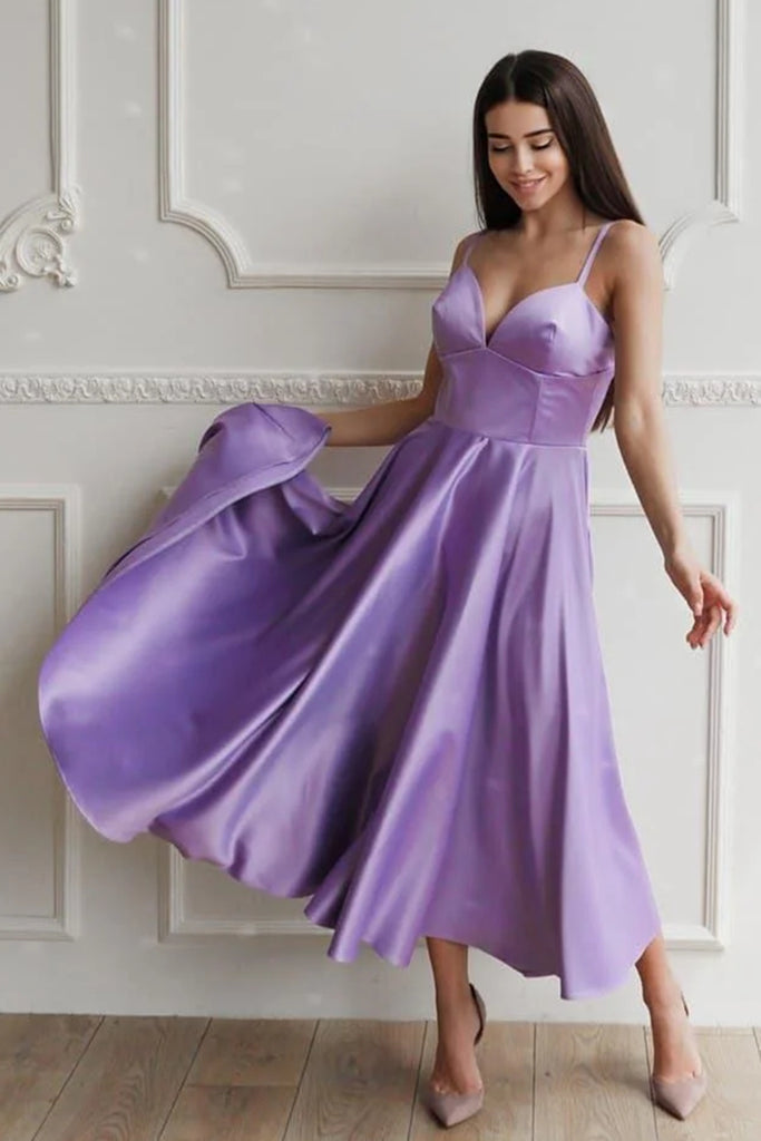 Simple V Neck Tea Length Purple Prom Homecoming Dresses, V Neck Lilac Eip Collection Simple V Neck Tea Length Purple Prom Homecoming Dresses, V Neck Lilac Eip Collection