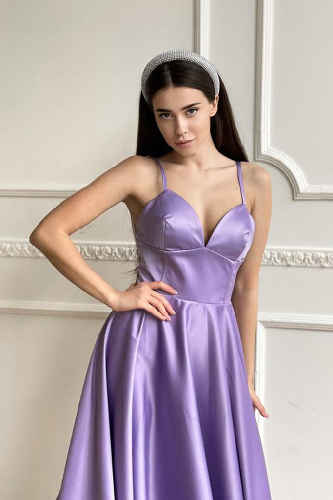 Simple V Neck Tea Length Purple Prom Homecoming Dresses, V Neck Lilac Eip Collection Simple V Neck Tea Length Purple Prom Homecoming Dresses, V Neck Lilac Eip Collection