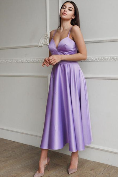 Simple V Neck Tea Length Purple Prom Homecoming Dresses, V Neck Lilac Formal Dresses, Lavender Evening Dresses EP1486