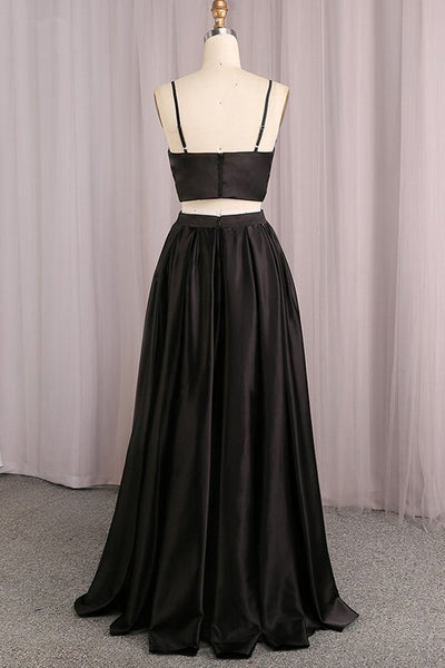 Simple V Neck Two Pieces Black Prom Dresses, 2 Pieces Black Long Formal Dresses, Black Evening Dresses EP1445