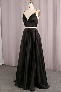 Simple V Neck Two Pieces Black Prom Dresses, 2 Pieces Black Long Formal Dresses, Black Evening Dresses EP1445