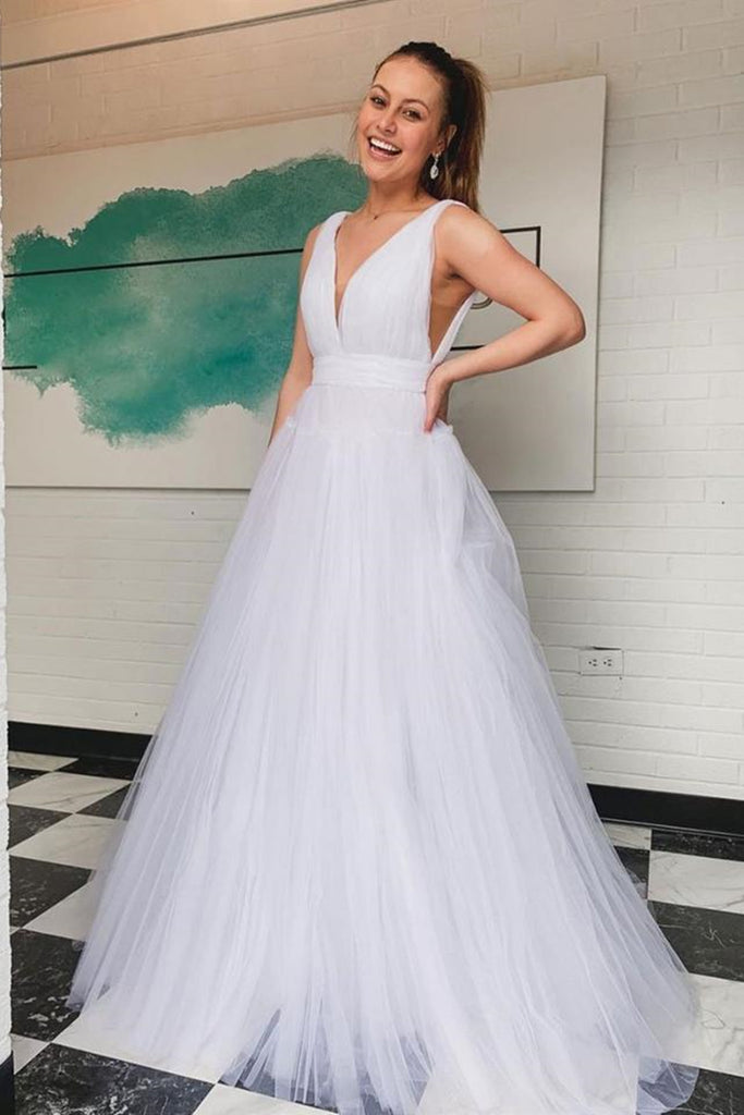 Simple V Neck White Tulle Long Prom Dresses, V Neck White Formal Gradu Eip Collection Simple V Neck White Tulle Long Prom Dresses, V Neck White Formal Gradu Eip Collection