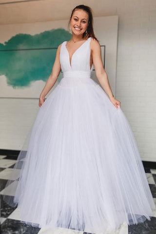 Simple V Neck White Tulle Long Prom Dresses, V Neck White Formal Graduation Evening Dresses EP1399