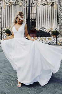 Simple V Neck and V Back White Satin Long Prom Dresses, V Neck White Formal Dresses, White Evening Dresses EP1672