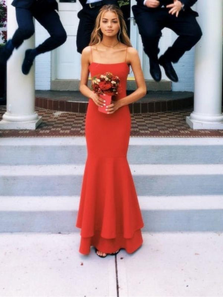 Spaghetti Straps Red Mermaid Long Prom Dresses, Red Thin Straps Formal Evening Dresses
