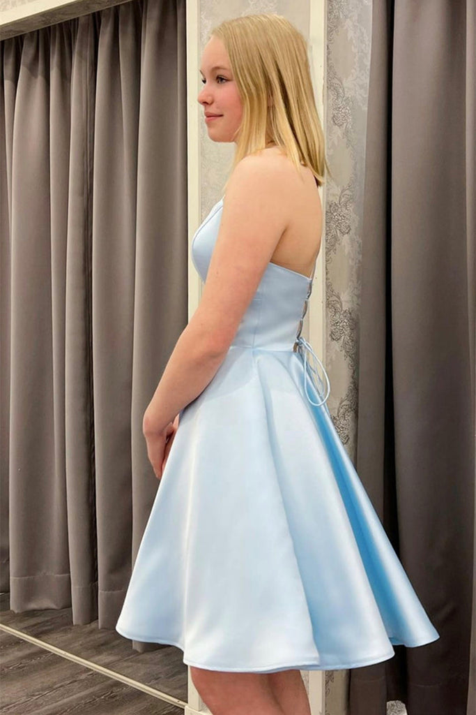 Spaghetti Straps Short Light Blue Satin Prom Homecoming Dresses, Light Eip Collection Spaghetti Straps Short Light Blue Satin Prom Homecoming Dresses, Light Eip Collection