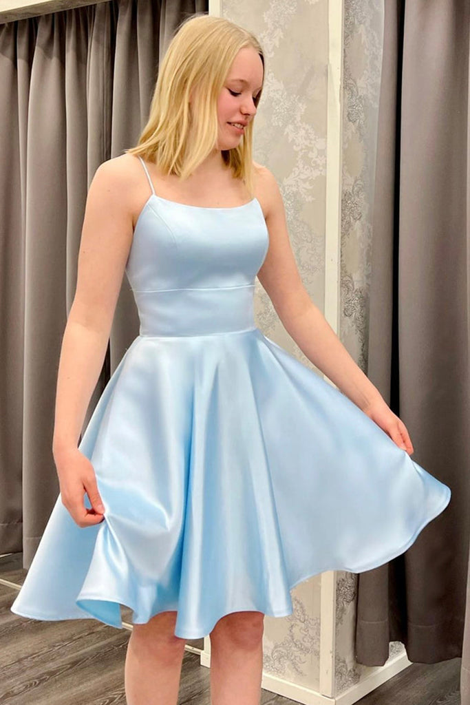 Spaghetti Straps Short Light Blue Satin Prom Homecoming Dresses, Light Eip Collection Spaghetti Straps Short Light Blue Satin Prom Homecoming Dresses, Light Eip Collection
