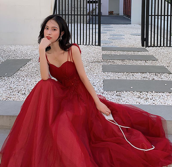 Spaghetti Straps Burgundy Floral Prom Dresses, Wine Red Long Formal Evening Dresses with Corset Back