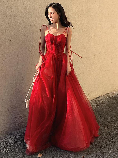 Spaghetti Straps Burgundy Floral Prom Dresses, Wine Red Long Formal Evening Dresses with Corset Back
