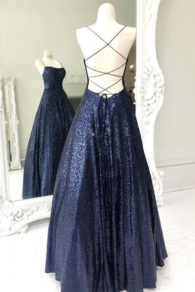 Sparkly Backless Navy Blue Long Prom Dresses, Open Back Long Navy Blue ...