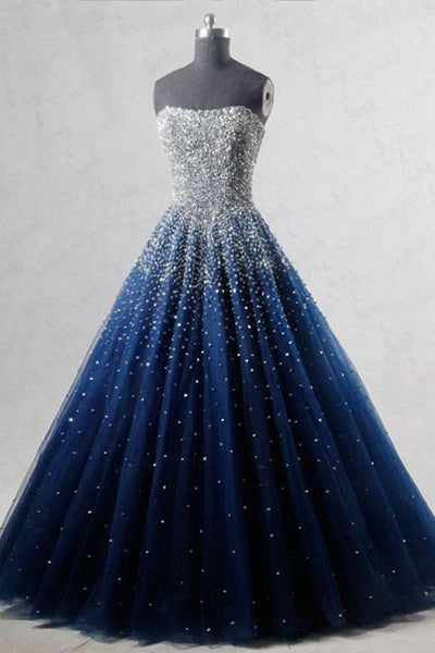 Sparkly Strapless Blue Prom Dresses, Strapless Blue Long Formal Evening Dresses