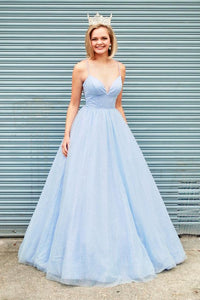 Sparkly V Neck Backless Light Blue Long Prom Dresses, Open Back Light Blue Formal Dresses, Shiny Blue Evening Dresses