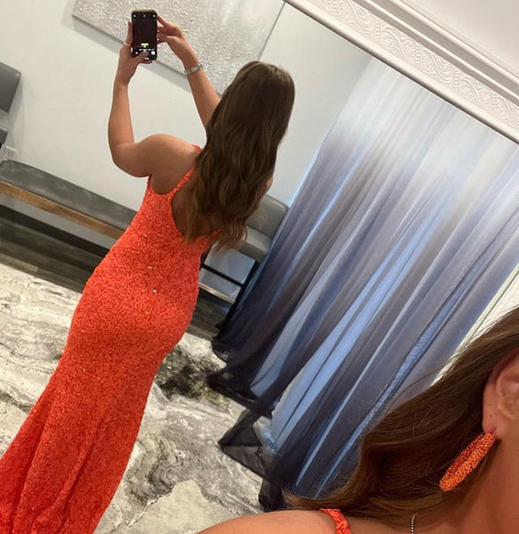Sparkly V Neck Orange Mermaid Long Prom Dresses, Sparkly V Neck Orange Formal Graduation Dresses