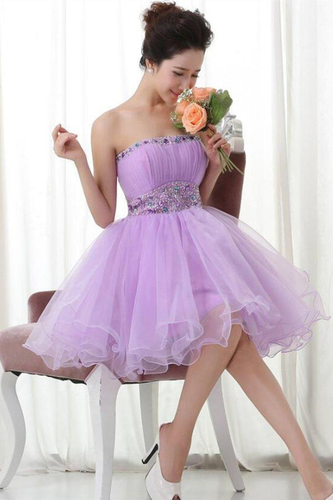 Strapless Beaded Short Lavender Prom Dresses Lavender Homecoming