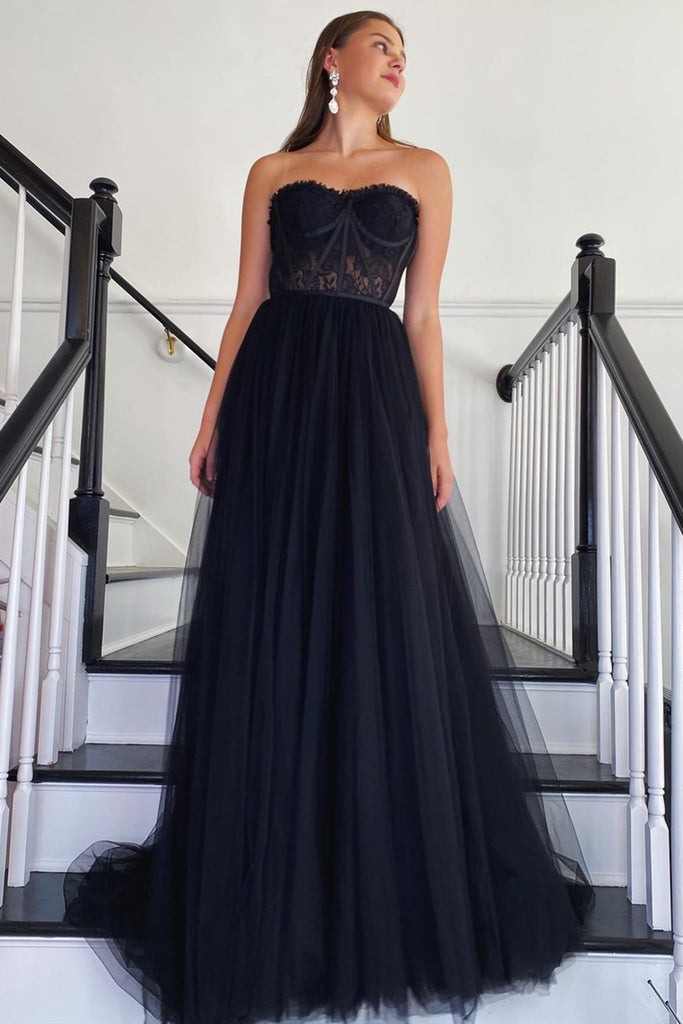 Strapless Black Lace Prom Dresses, Strapless Black Lace Formal Evening