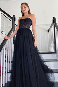 Strapless Black Lace Prom Dresses, Strapless Black Lace Formal Evening Dresses