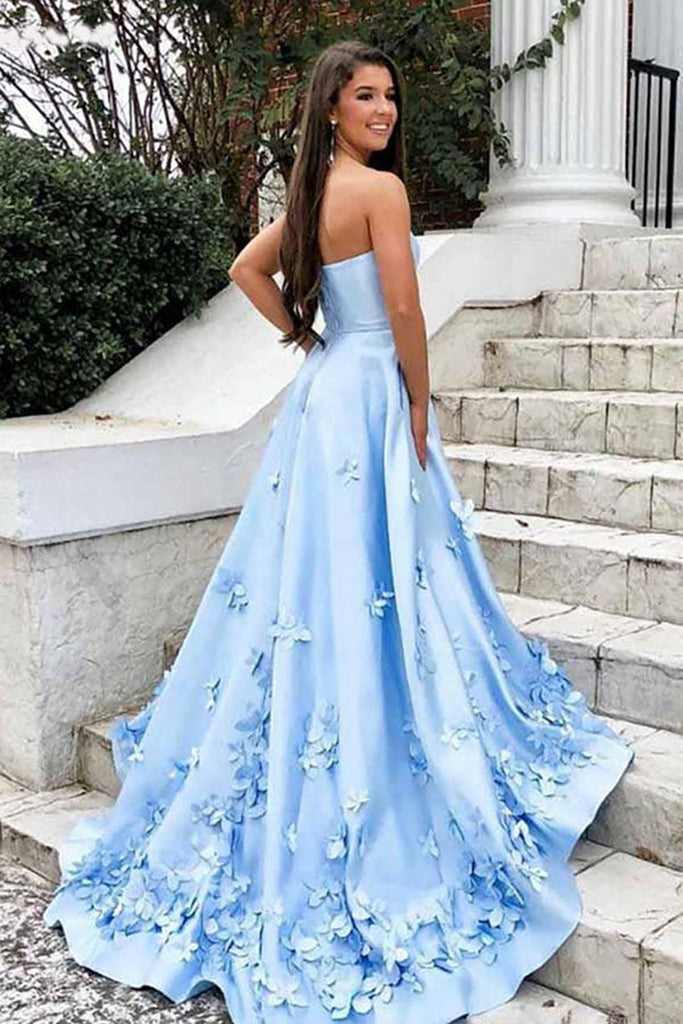 Strapless Blue Satin Floral Long Prom Dresses, Blue Satin Formal Gradu Eip Collection Strapless Blue Satin Floral Long Prom Dresses, Blue Satin Formal Gradu Eip Collection