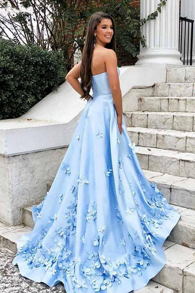 Strapless Blue Satin Floral Long Prom Dresses, Blue Satin Formal Graduation Evening Dresses with 3D Flowers EP1699