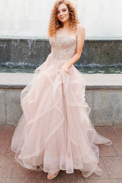 Strapless Champagne Lace Tulle Long Prom Dresses, Champagne Lace Formal Graduation Evening Dresses EP1743
