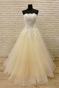 Strapless Champagne Long Prom Dresses with Lace Appliques, Champagne Lace Formal Evening Dresses EP1475