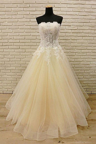 Strapless Champagne Long Prom Dresses with Lace Appliques, Champagne Lace Formal Evening Dresses EP1475