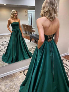 Strapless Emerald Green Satin Long Prom Dresses, Emerald Green Floor Length Long Formal Evening Dresses