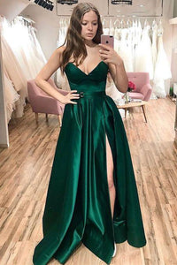 Strapless Emerald Green Satin Long Prom Dresses with Slit, Emerald Green Formal Graduation Evening Dresses EP1377