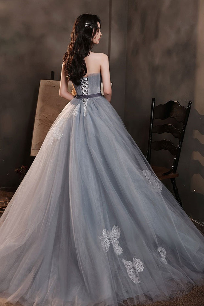 Strapless Gray Lace long Prom Dress, Open Back Gray Formal Dress, Grey Eip Collection Strapless Gray Lace long Prom Dress, Open Back Gray Formal Dress, Grey Eip Collection