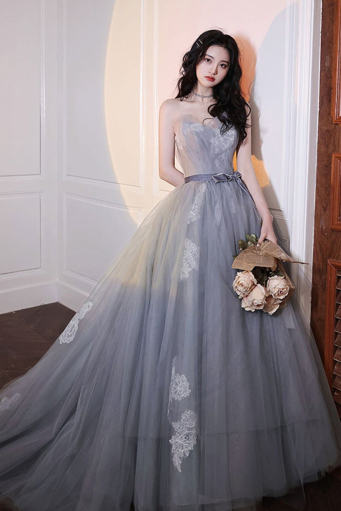 Strapless Gray Lace long Prom Dress, Open Back Gray Formal Dress, Grey Eip Collection Strapless Gray Lace long Prom Dress, Open Back Gray Formal Dress, Grey Eip Collection
