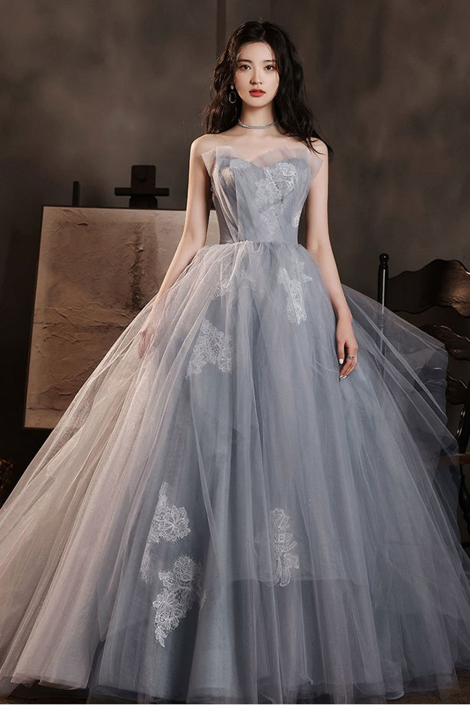 Strapless Gray Lace long Prom Dress, Open Back Gray Formal Dress, Grey Eip Collection Strapless Gray Lace long Prom Dress, Open Back Gray Formal Dress, Grey Eip Collection