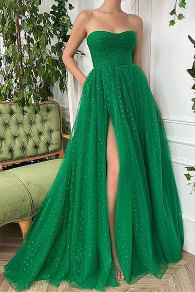 Strapless Green Long Tulle Prom Dresses, Strapless Green Long Tulle Formal Evening Dresses