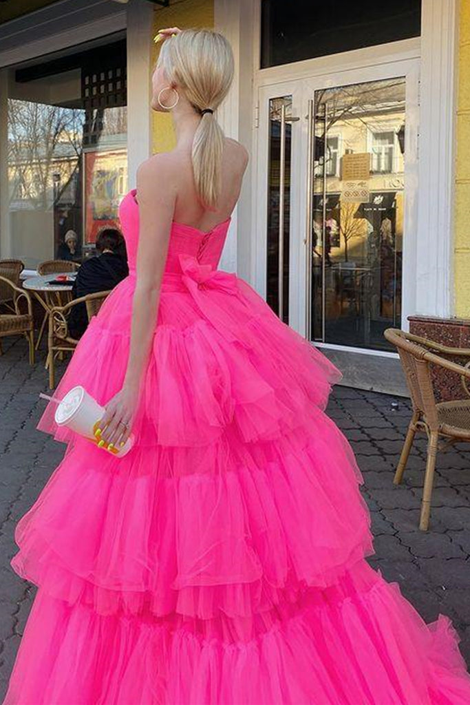 High Low Hot Pink Tiered Prom Dress with Spaghetti Straps Y457 –  Simplepromdress