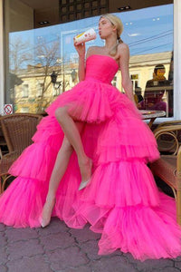 Strapless High Low Pink Tulle Long Prom Dresses, High Low Pink Formal Evening Dresses, Pink Ball Gown EP1859