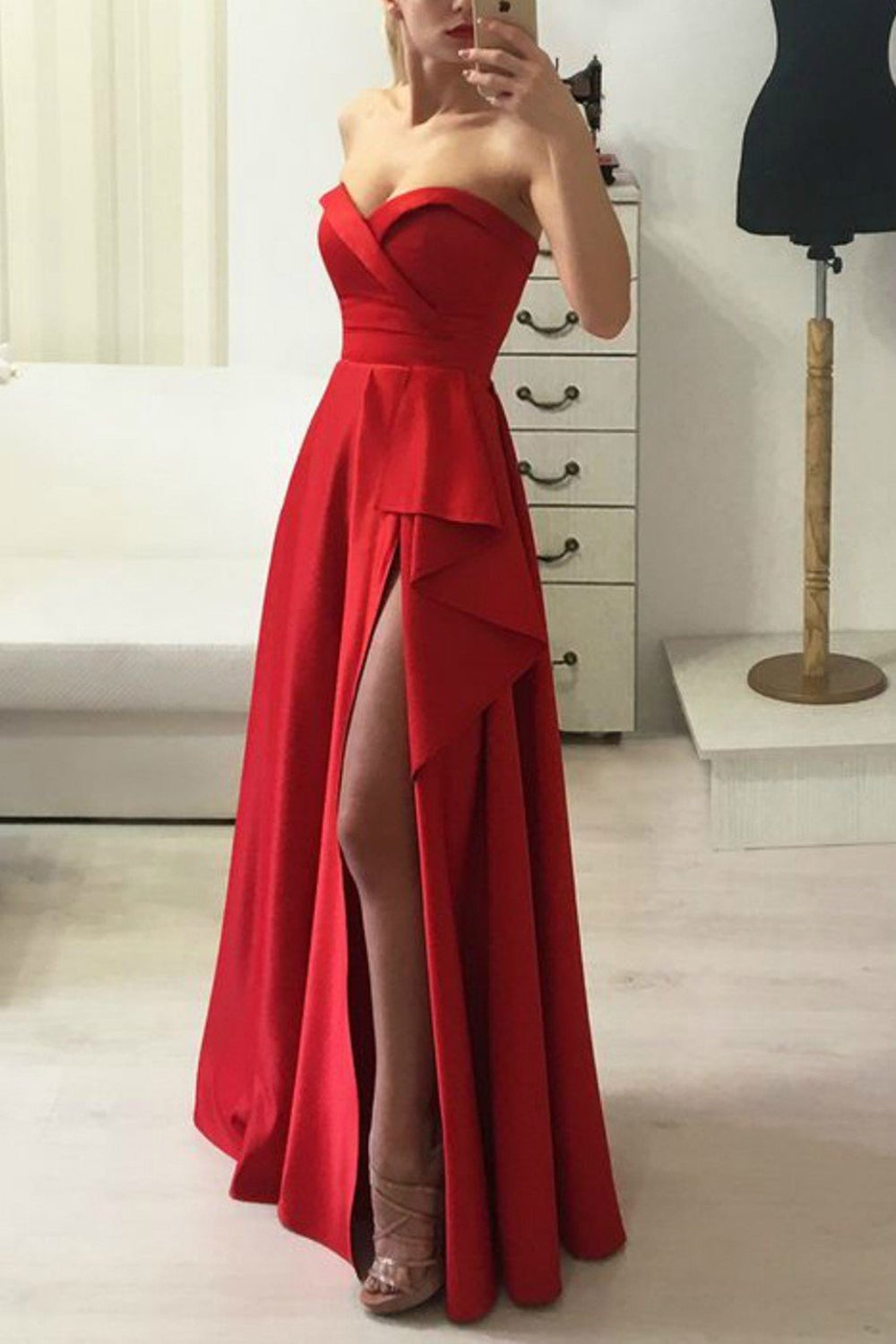 Strapless High Low Red Satin Long Prom Dresses, High Low Red Formal Graduation Evening Dresses EP1552
