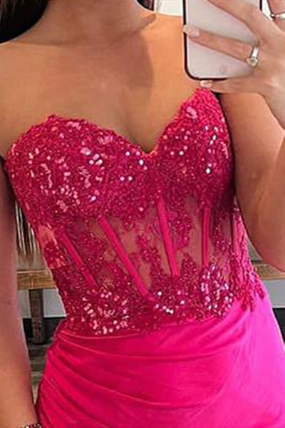 Strapless Hot Pink Lace Prom Dresses, Hot Pink Lace Formal Evening Dresses