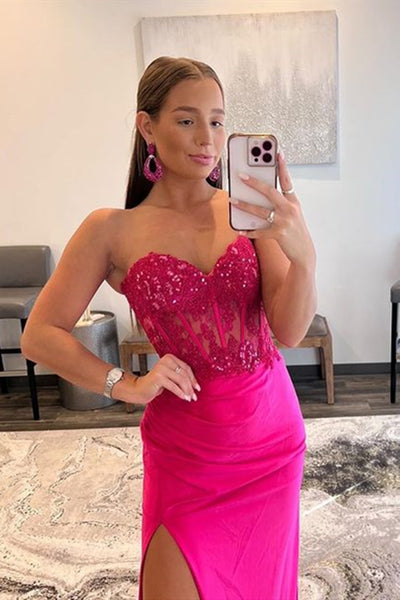 Strapless Hot Pink Lace Prom Dresses, Hot Pink Lace Formal Evening Dresses