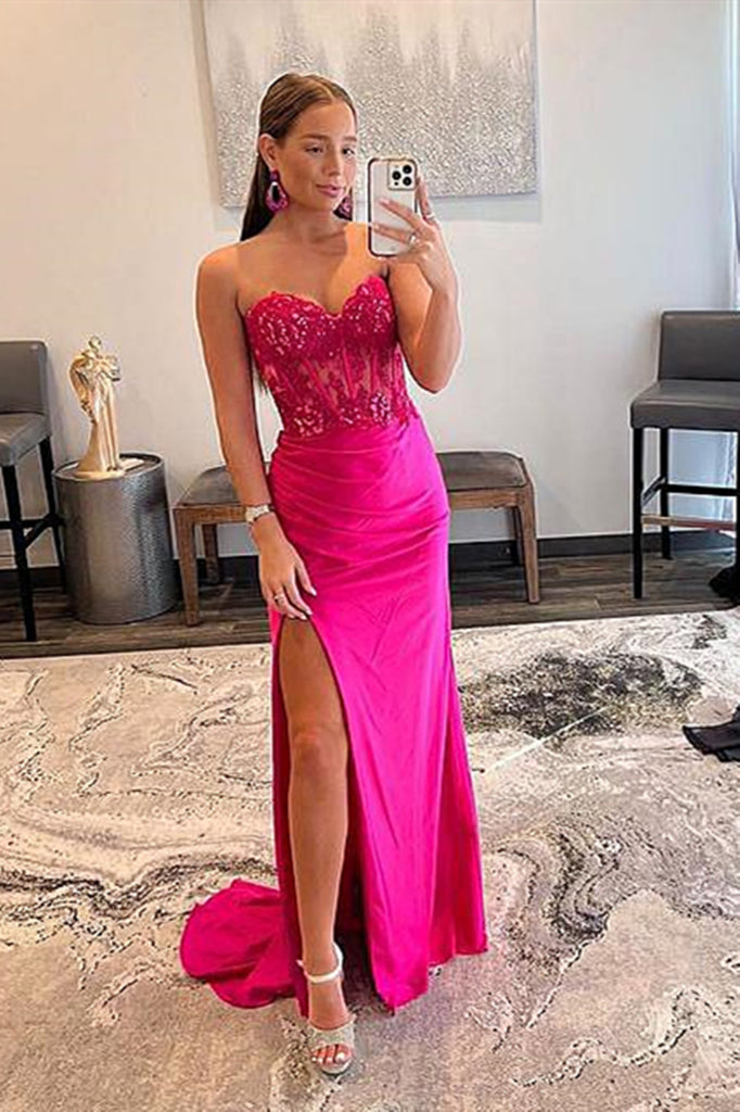 Strapless Hot Pink Lace Prom Dresses, Hot Pink Lace Formal Evening