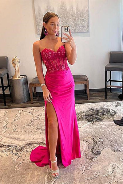 Strapless Hot Pink Lace Prom Dresses, Hot Pink Lace Formal Evening Dresses