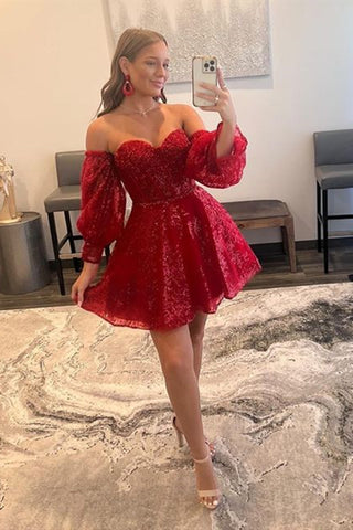 Strapless Long Sleeves Short Burgundy Prom Dresses, Short Wine Red Formal Homecoming Dresses