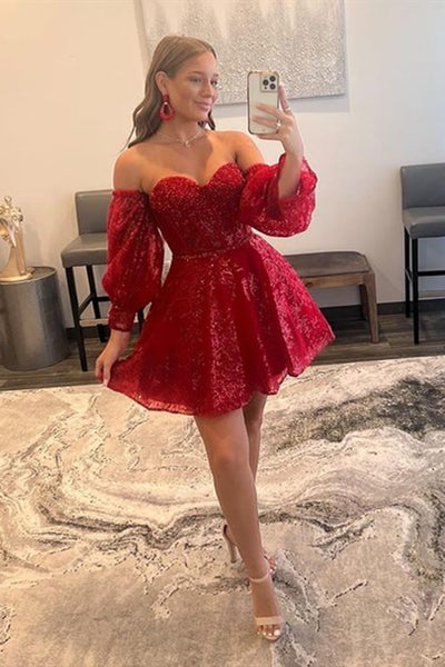 Strapless Long Sleeves Short Burgundy Prom Dresses, Short Wine Red Formal Homecoming Dresses