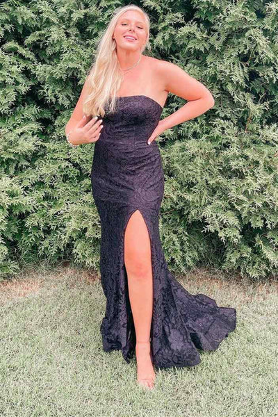 Strapless Mermaid Black Lace Long Prom Dresses with High Slit, Mermaid Black Formal Graduation Evening Dresses EP1800