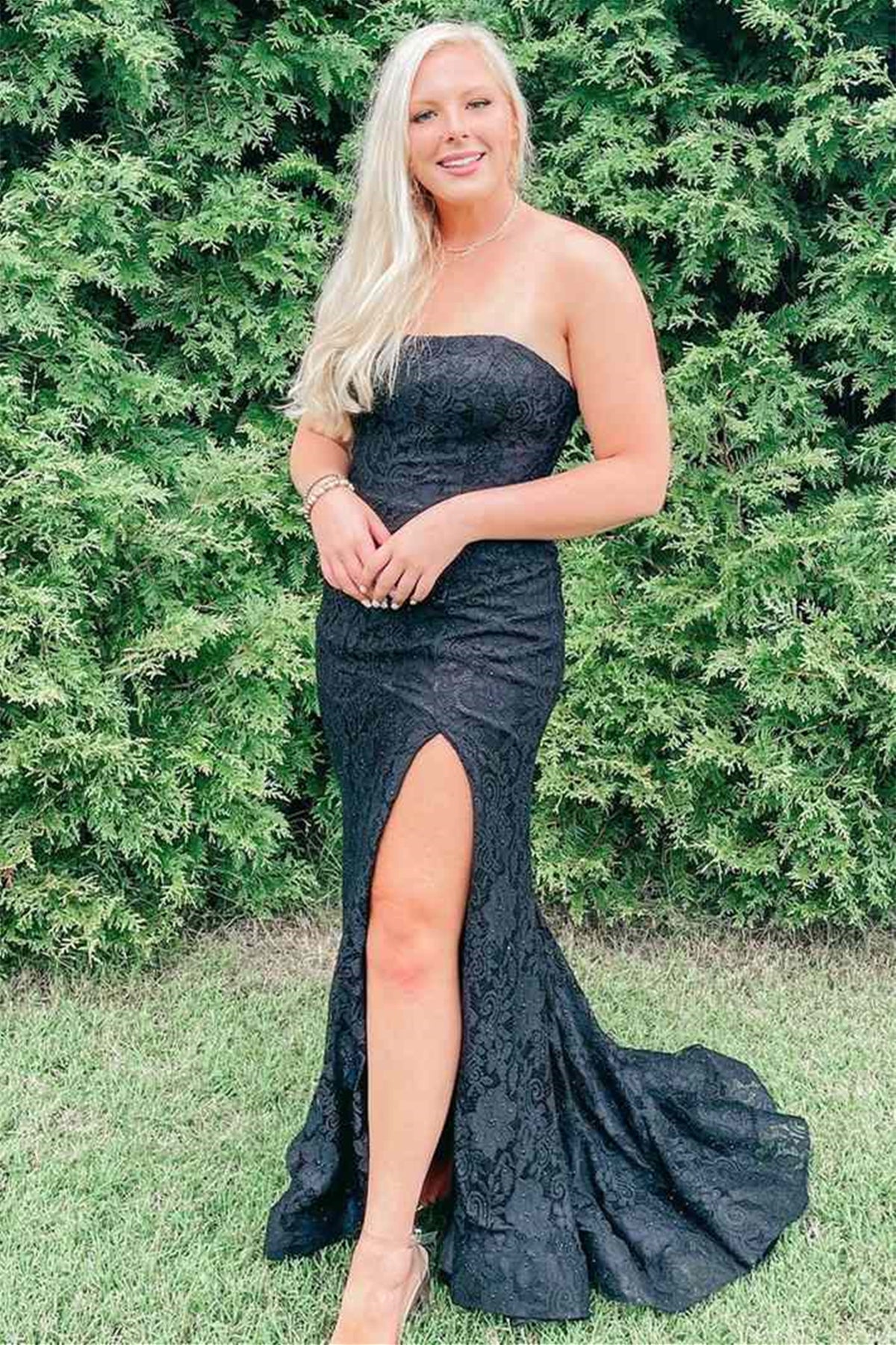 Strapless Mermaid Black Lace Long Prom Dresses with High Slit, Mermaid Black Formal Graduation Evening Dresses EP1800