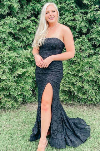 Strapless Mermaid Black Lace Long Prom Dresses with High Slit, Mermaid Black Formal Graduation Evening Dresses EP1800