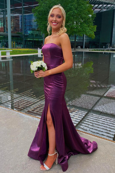 Strapless Mermaid Blue/Purple/Burgundy Satin Long Prom Dresses with High Slit, Mermaid Blue/Purple/Burgundy Formal Graduation Evening Dresses EP1869