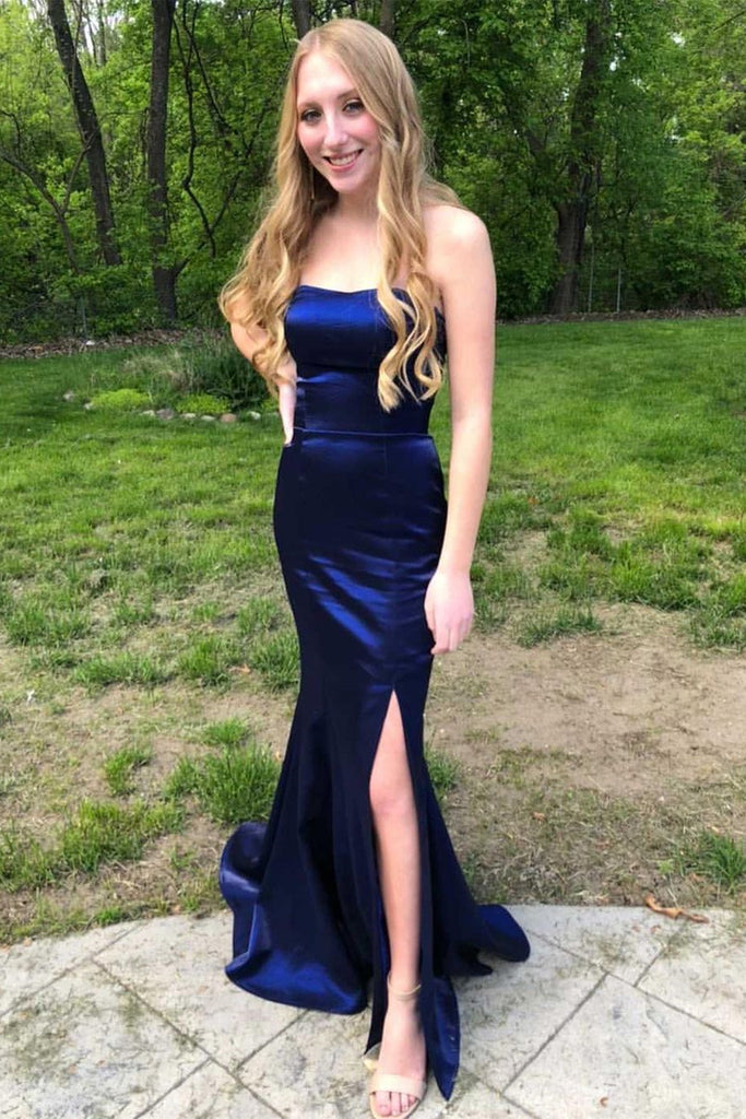 Strapless Mermaid Blue/Purple/Burgundy Satin Long Prom Dresses with Hi Eip Collection Strapless Mermaid Blue/Purple/Burgundy Satin Long Prom Dresses with Hi Eip Collection