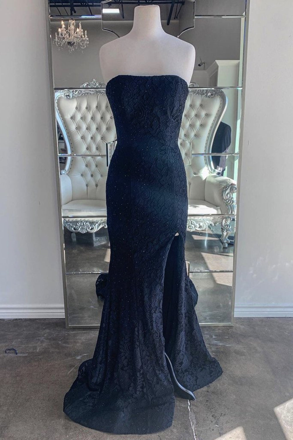 Strapless Mermaid Dark Blue Lace Long Prom Dresses, Mermaid Dark Blue Lace Formal Dresses, Dark Blue Lace Evening Dresses EP1350