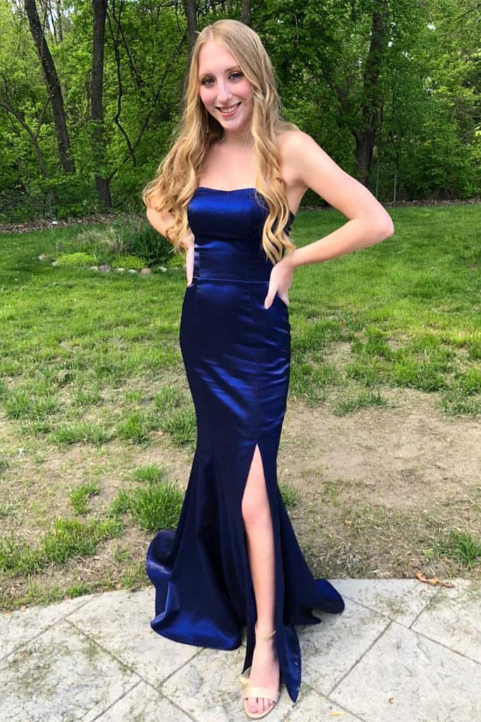 Strapless Mermaid Navy Blue Satin Long Prom Dresses with High Slit, Me Eip Collection Strapless Mermaid Navy Blue Satin Long Prom Dresses with High Slit, Me Eip Collection